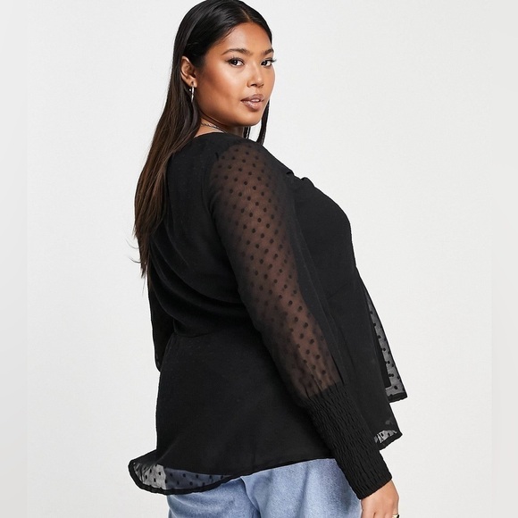 ASOS Simply Be Black Sheer Swiss Dot Long Sleeve Blouse with Ruched Front Sz 16 - Picture 2 of 6